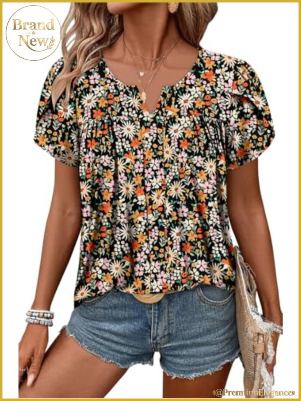 Womens Floral Boho Short Sleeve Ruffle Blouse